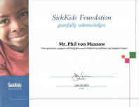 Certificate for Shutters Etc. Fundraising on behalf of SickKids Foundation